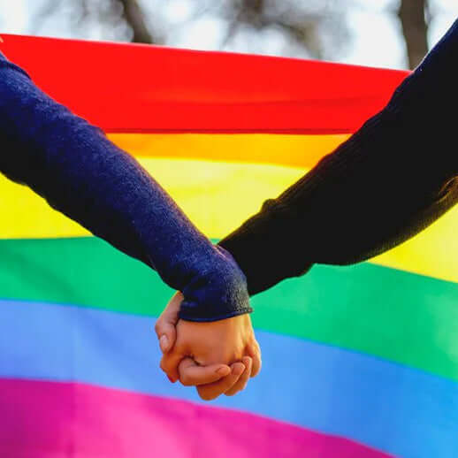 two people holding hands in front of a rainbow flag