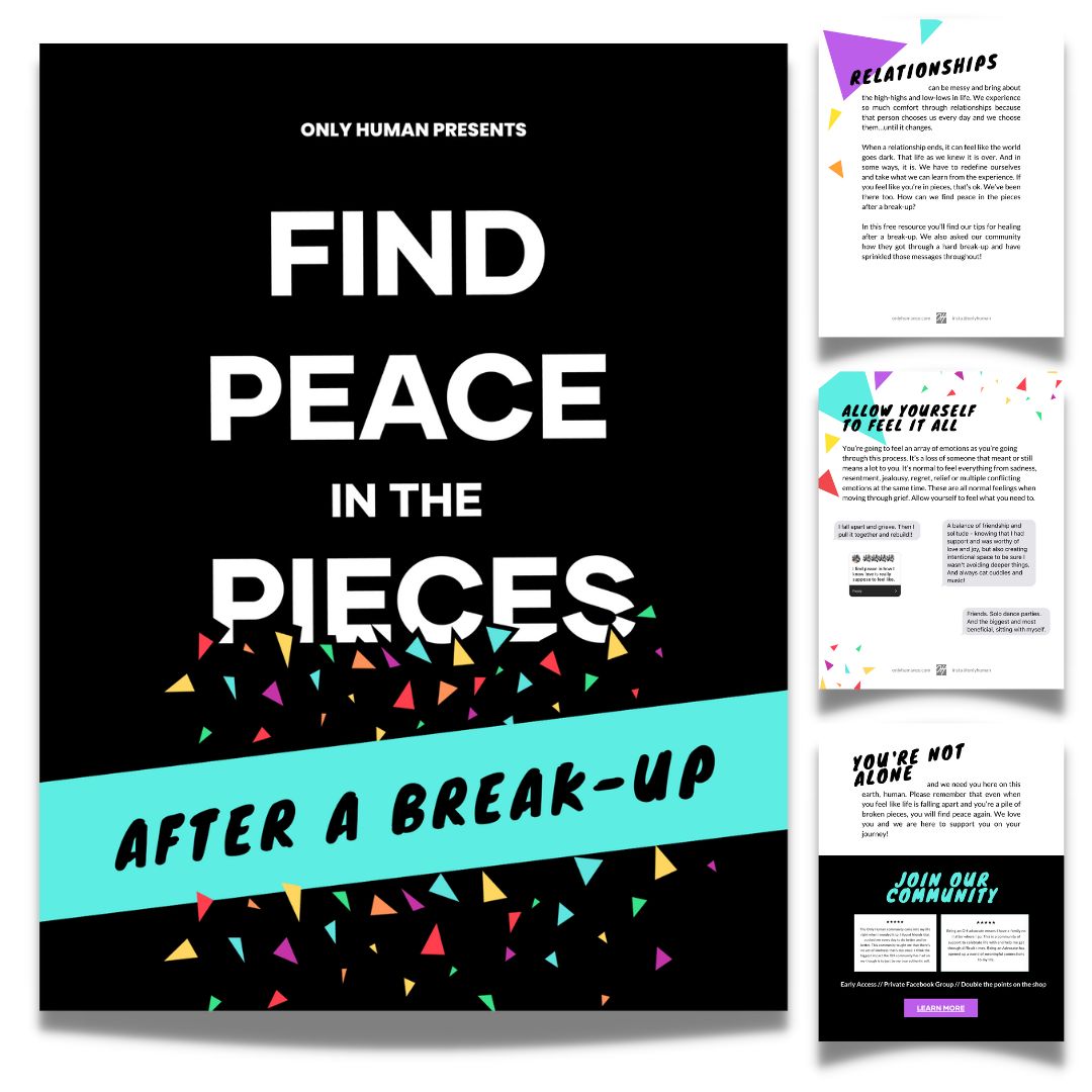 example sheets of the content inside the gudie with the title find peace in the pieces after a breakup